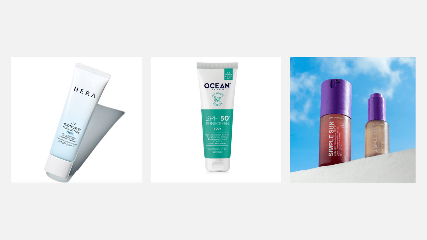 헤라 UV 프로텍터멀티 디펜스프레쉬 SPF 50+ PA++++ (왼), 오션 바디 선스크린 바디 로션 SPF 50+(중), 심플 오가닉 심플 선 듀얼-페이즈 바디 스킨 (오)