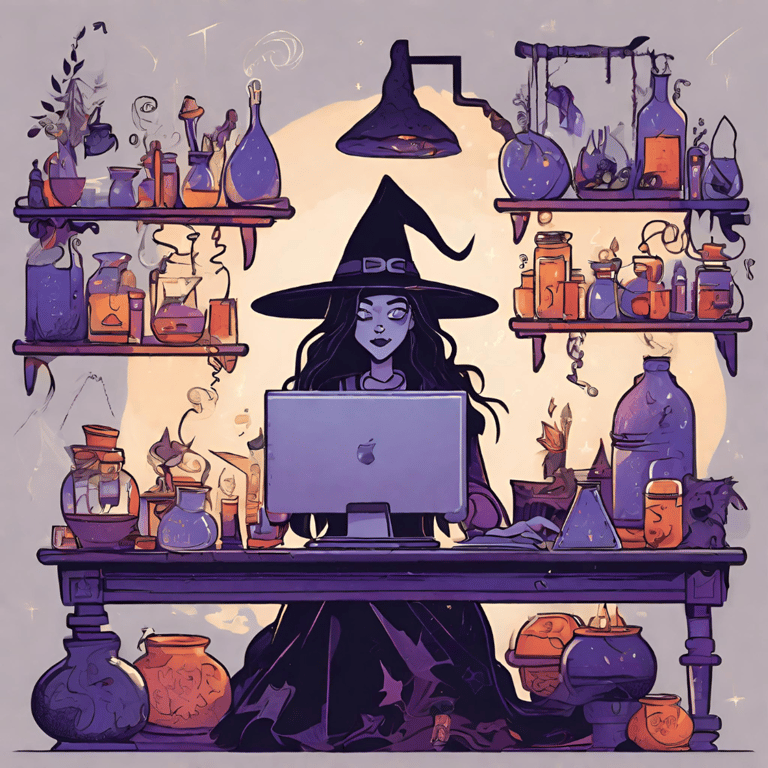 An illustration of a witch sitting in her office full of potions and magical ingredients, while working on a computer.