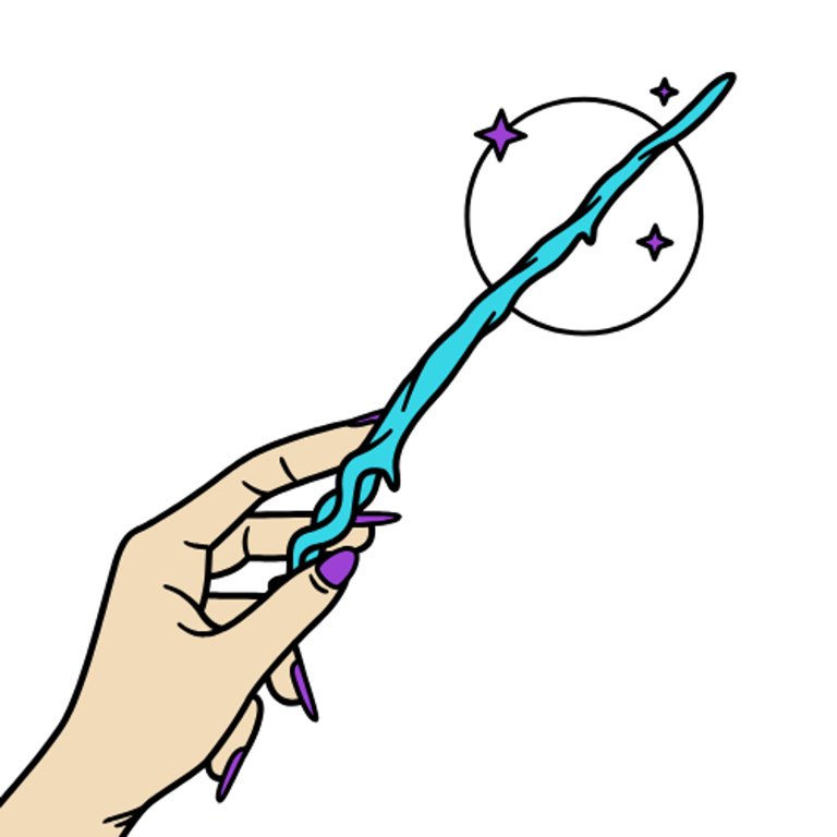 An illustration of a hand holding a magical wand