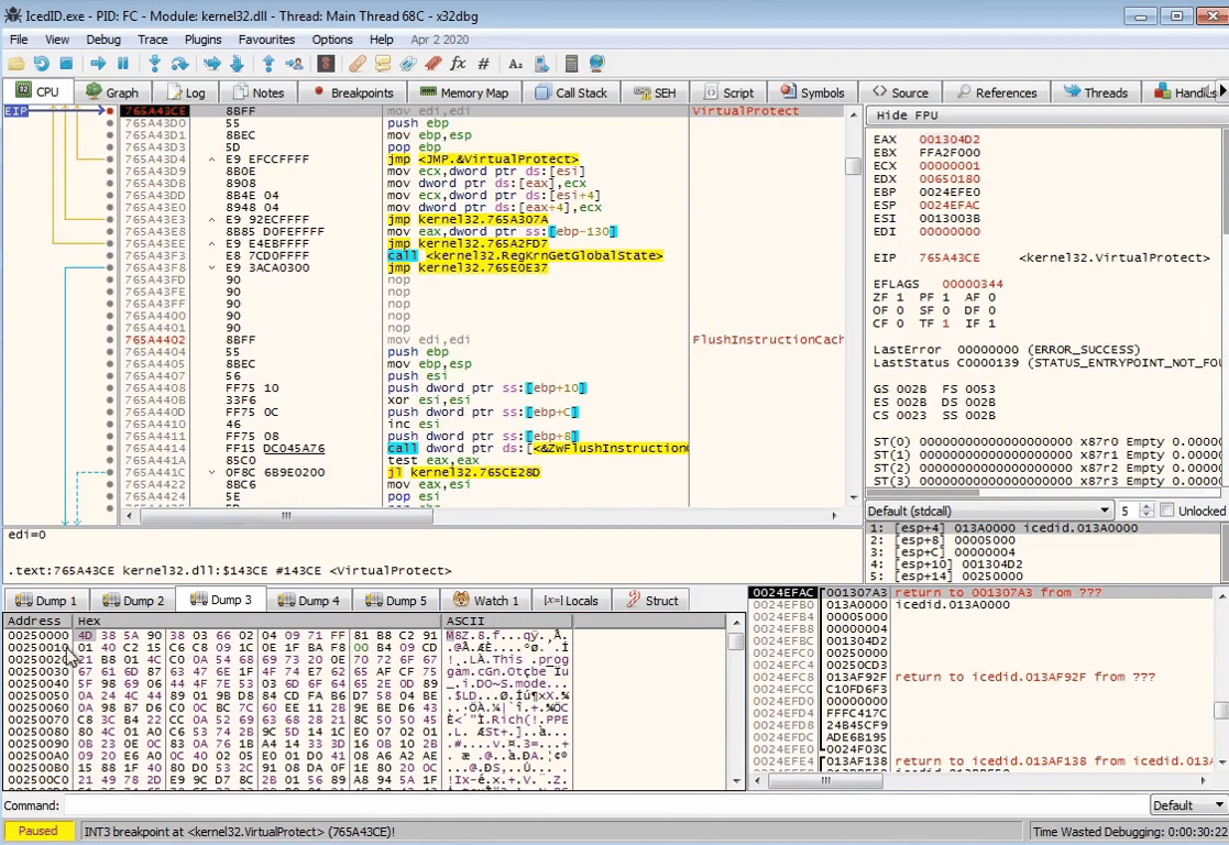 The compressed executable is seen in Dump3. This will likely be written out to the memory space that was reserved by VirtualAlloc