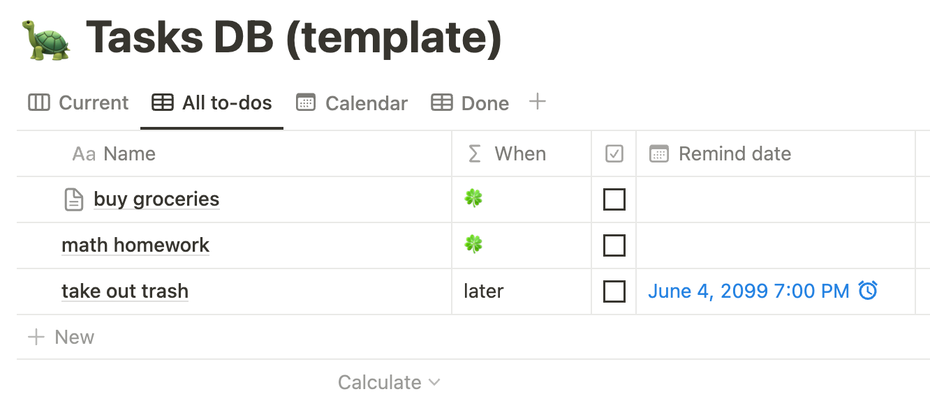 “All to-dos” view shows all uncompleted tasks in a table, sorted by how soon they need to be done