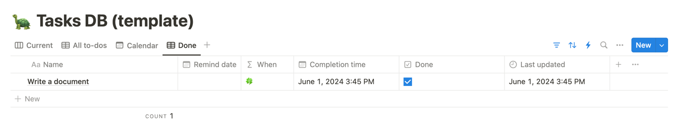 “Done” view shows things completed, sorted by Completion time