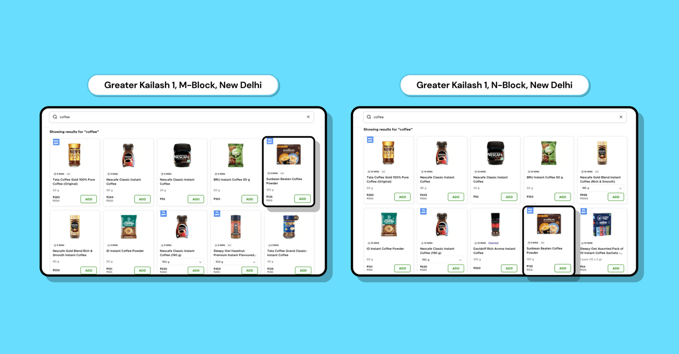 Variation in search positions for same product in two nearby location