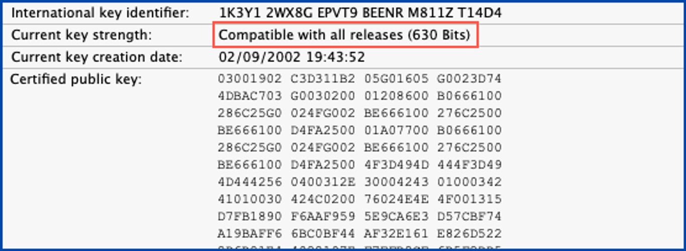 Unsecure: Key length 630 bits