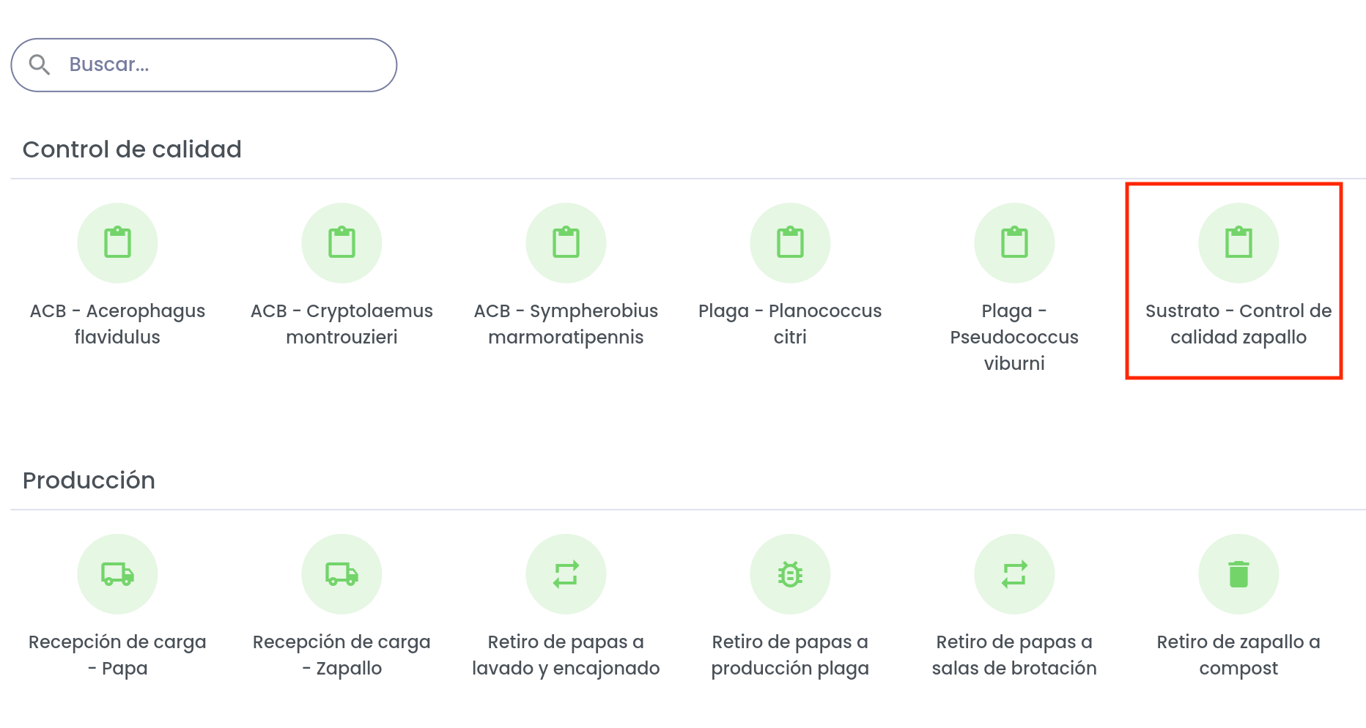 Captura de pantalla de Tareas: Se destaca la tarea Sustrato - Control de calidad zapallo, dentro del grupo Control de calidad.