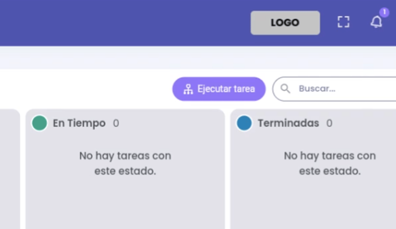 Captura de pantalla del Escritorio mostrando el botón de acceso rápido “Ejecutar tarea” de color morado y texto en blanco sobre fondo blanco.