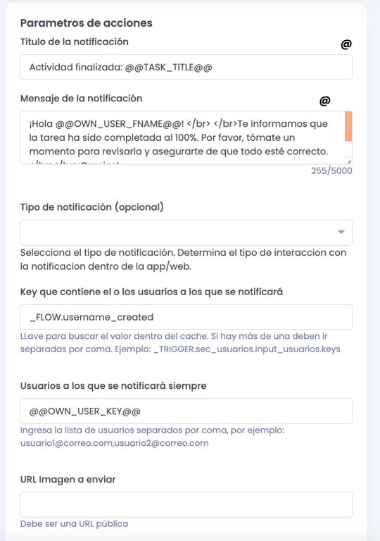 Parámetros para una notificación firebase (al celular)