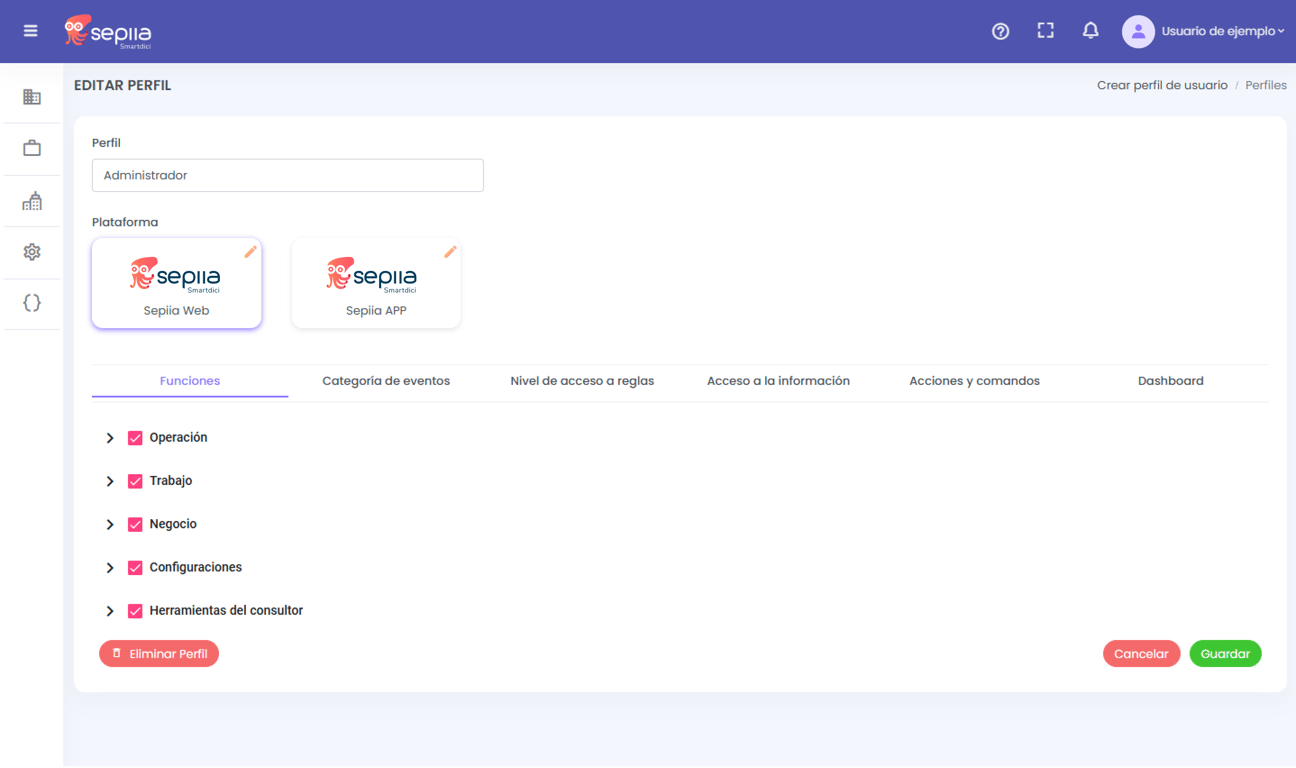 Pantalla de configuración de Perfil de usuarios.