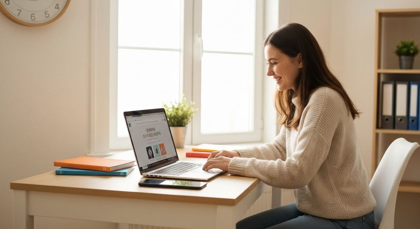 A young woman with a warm smile, sitting at a desk with a laptop, books, and Korean language materials. The background is a bright, cozy room, suggesting an online learning environment. She looks focused and determined.