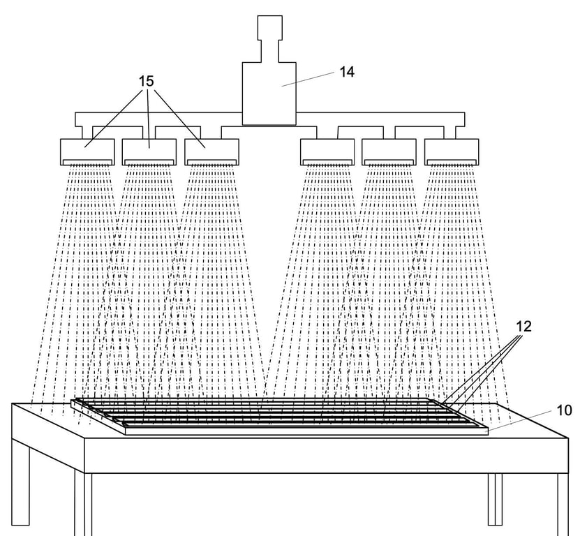 A schematic view of a hyperspectral imaging system for collecting spectral image data of a set of sample core segments on a stationary surface.