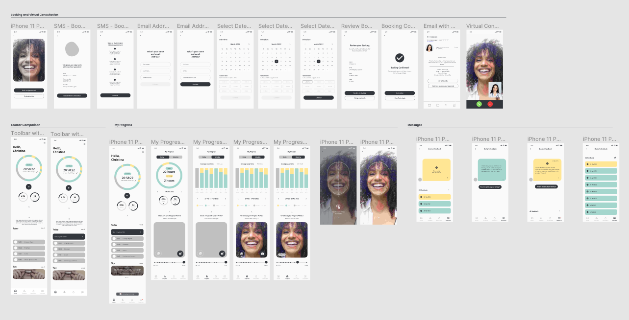 Screenshot of mid-fidelity screens of booking an appointment, the home page and messages sections of the app (1 iteration).