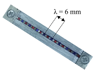 Fig. 3: Picture of transverse wiggler used for bunch train generation experiment. Pair of the magnet arrays form a single transverse wiggler. The magnet array is linear Halbach array with 1.5-mm cube magnets.