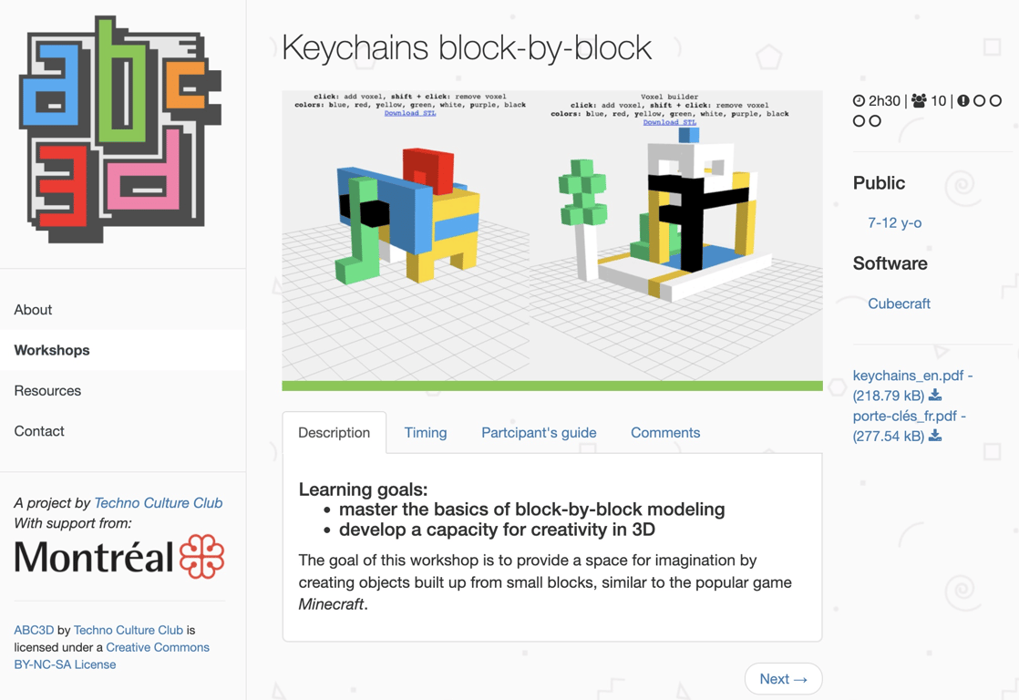 A screenshot of the website with the activity guides. The activity guide Keychains block-by-block is featured and uses the 3D design tool we made for the project, Cubecraft.