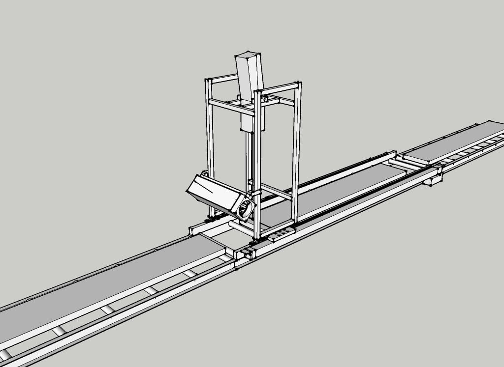 A perspective view of a second version for a hyperspectral imaging system which uses a line scanner and a motorized conveyor. A prototype was constructed and developed in 2014.