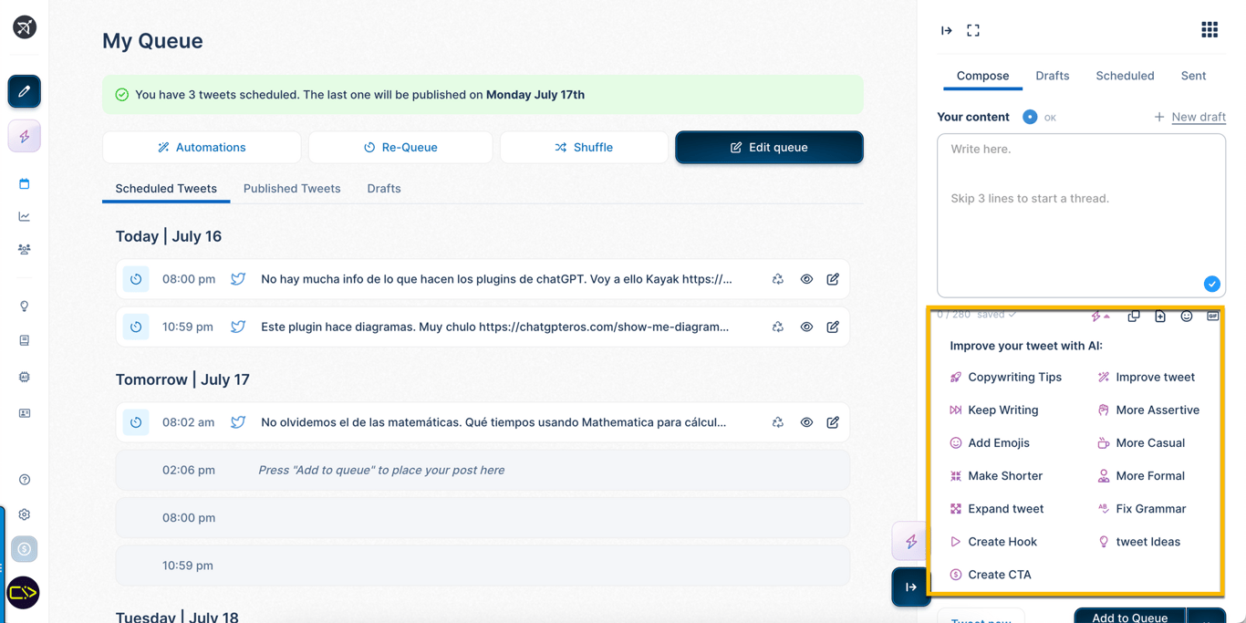 Dashboard de programación de tweets con IA en TweetHunter