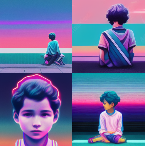 男孩坐在街道上，蒸汽波风格