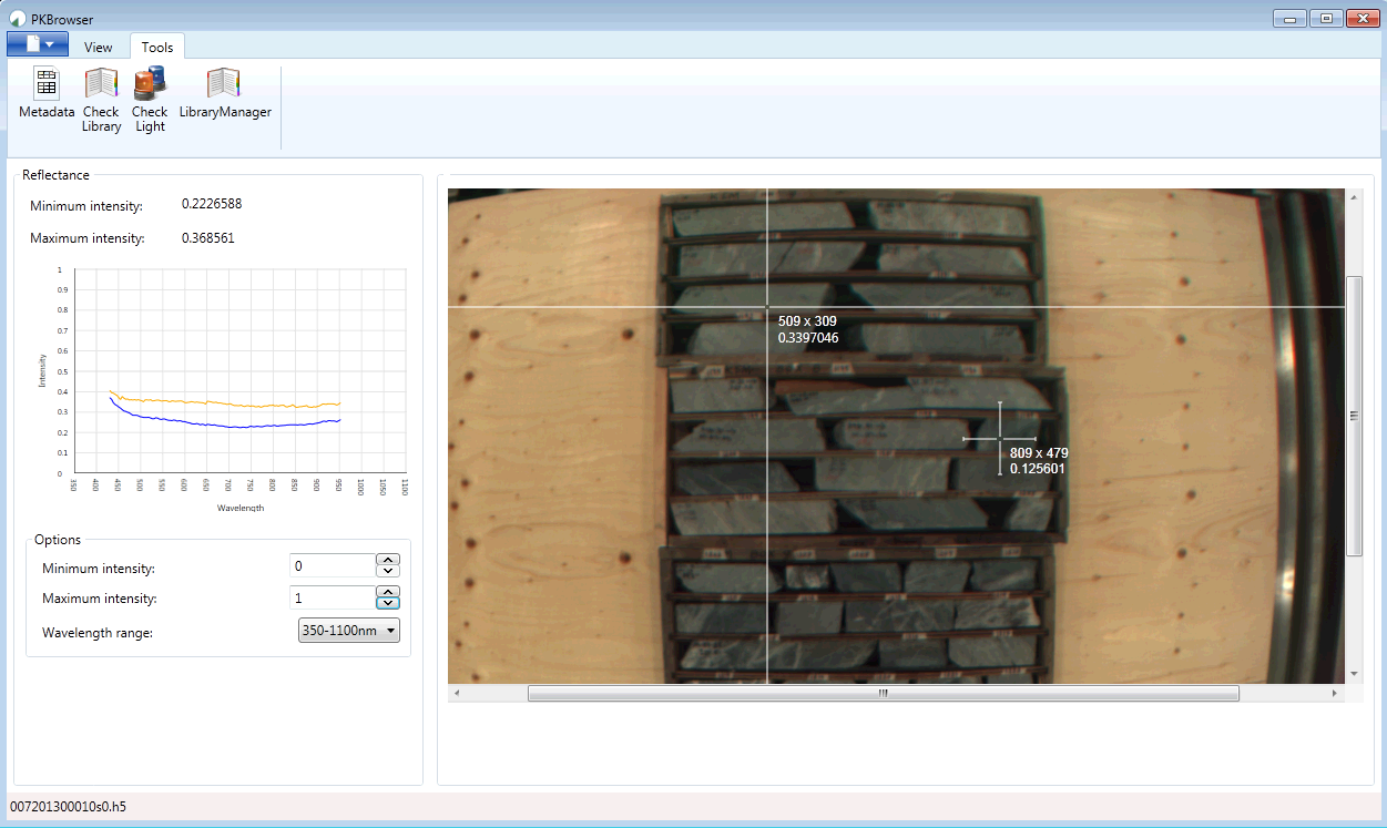 The user interface of the software is used for exploring spectra in the processed data files. The data visualization on the left side allows for a quick comparison of multiple spectra. Additional features include validating data against reference spectra and creating a library of reference spectra for automating mineral identification. 