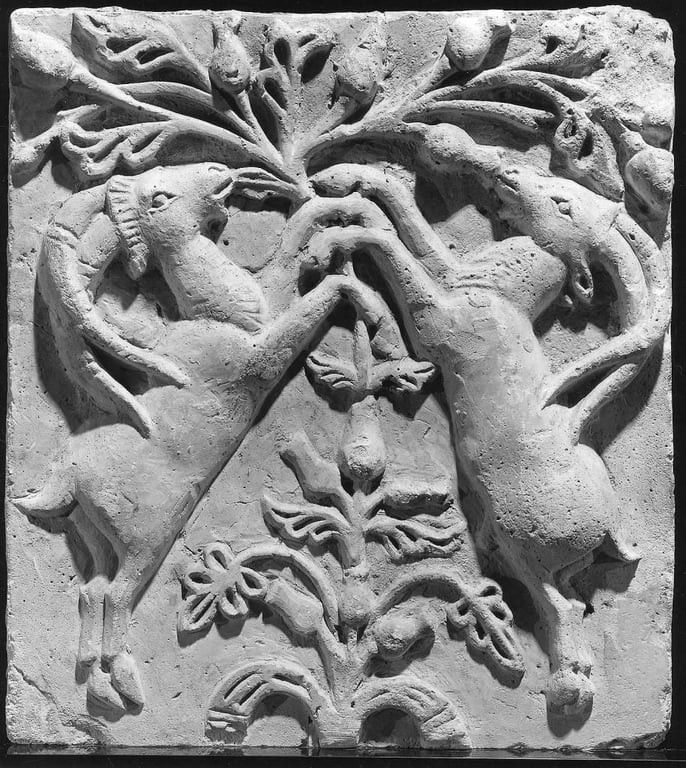Sasanian era stucco depicting a two goats browsing in a date-palm (M. F. Boston 1971.344)