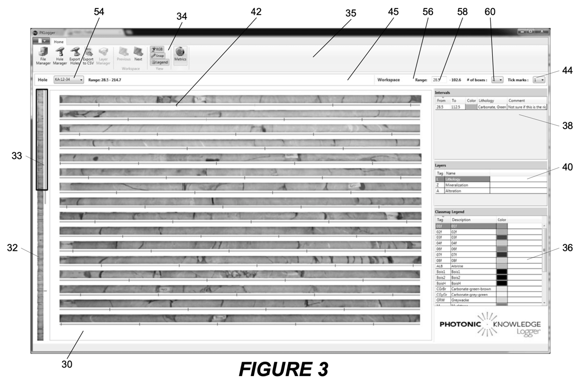 A display view of a graphical user interface (GUI) displaying a sample core in red-green-blue display mode.