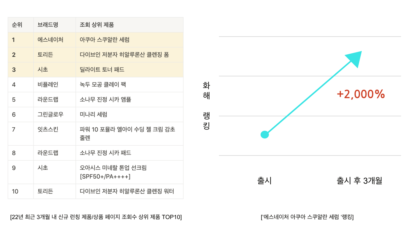왼쪽 : [22년 최근 3개월 내 신규 런칭 제품/상품 페이지 조회수 상위 제품 TOP10], 오른쪽 에스네이처 아쿠아 스쿠알란 세럼 랭킹 이미지