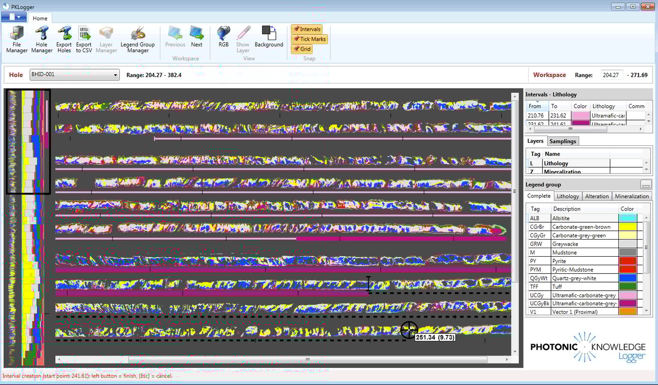 Another view of the client-facing software interface, with a colourful overlay showing the classification produced by the analysis process. Each colour represents a match to a specific reference material. This facilitates the final validation and possible new insights from the data.
