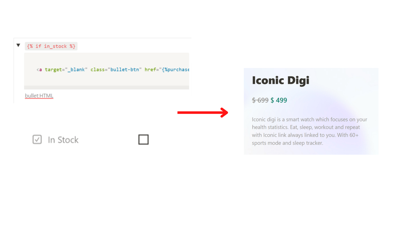 A simple “if” condition followed by the particular database to display a “BUY NOW” button only if the product is in stock for an ecommerce website.