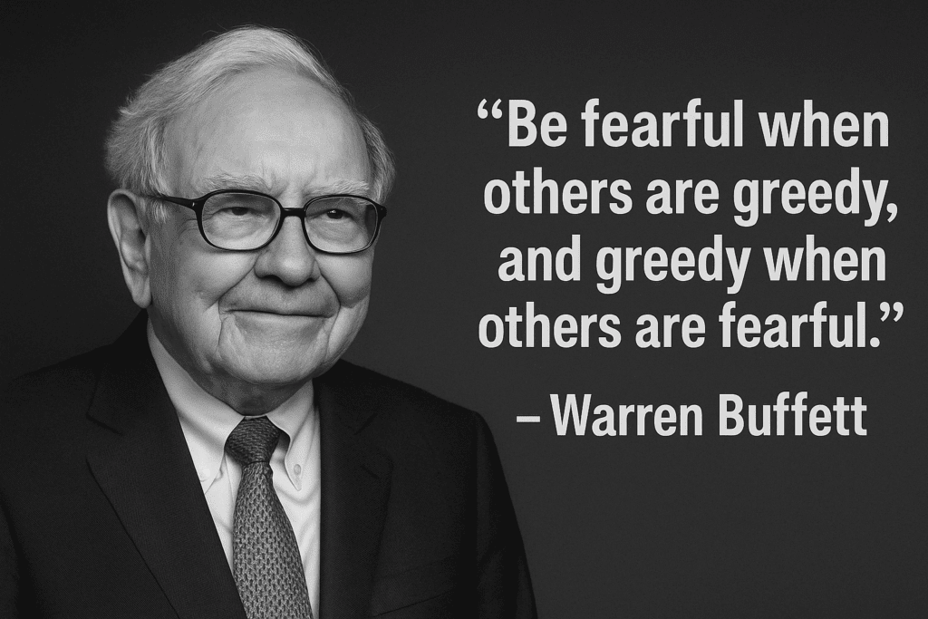 a picture of warren buffett beside his quote of "Be fearful when others are greedy and greedy when others are fearful"