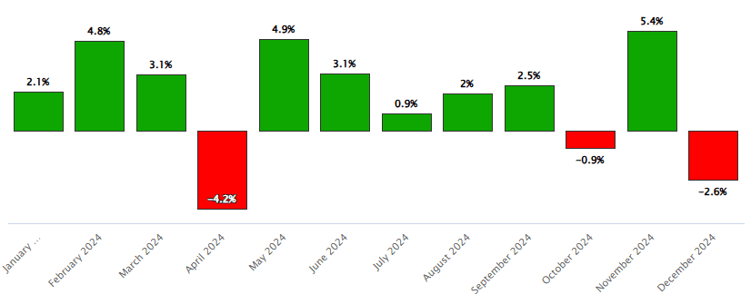 S&P500 monthly change in 2024 depicted in bar charts