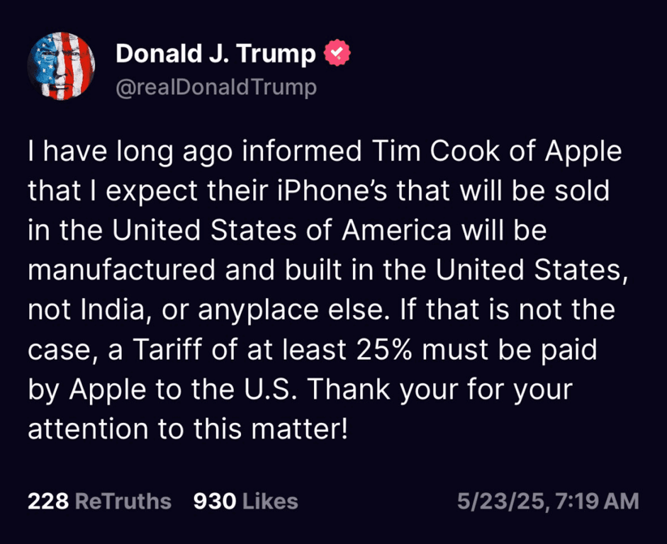 Donald Trump's tweet on Truth Social threatening 25% tariffs on Apple
