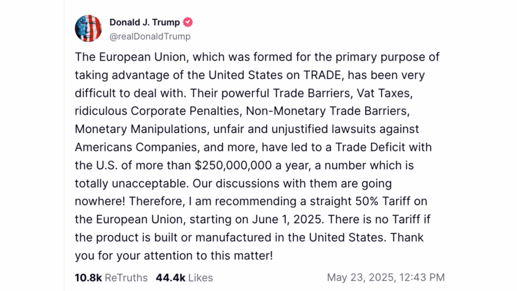Donald Trump's post on Truth Social threatening 50% tariff on the European Union for not negotiating faithfully