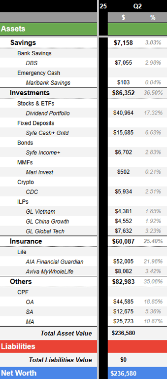 a complete overview of my net worth as of July 2025 on Google sheet