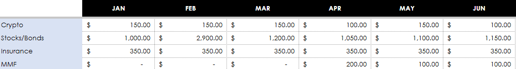 a table in google sheets showing how much I'm investing every month in the first half of 2025