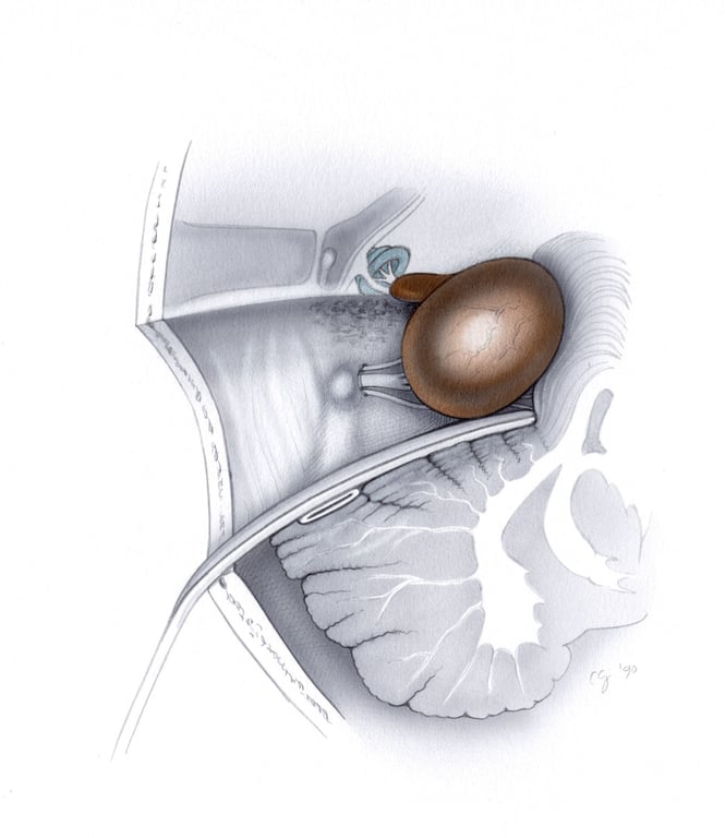 Axially oriented schematic view of a translabyrinthine posterior fossa craniotomy used in the exposure of a medium-sized acoustic neuroma. 