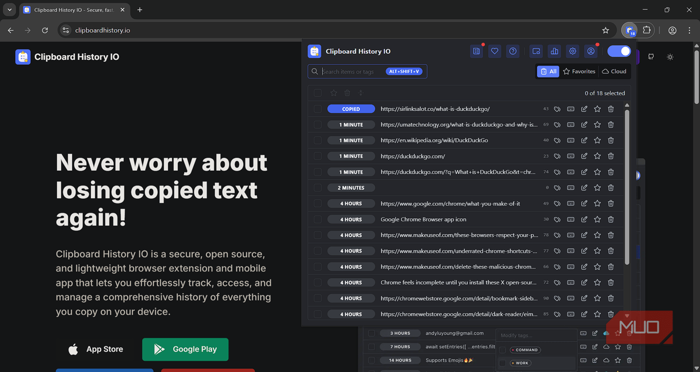 Clipboard History Manager extension with saved copy history on Chrome browser.