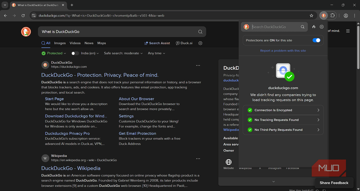 DuckDuckGo Search and Tracker Protection extension on Chrome browser.