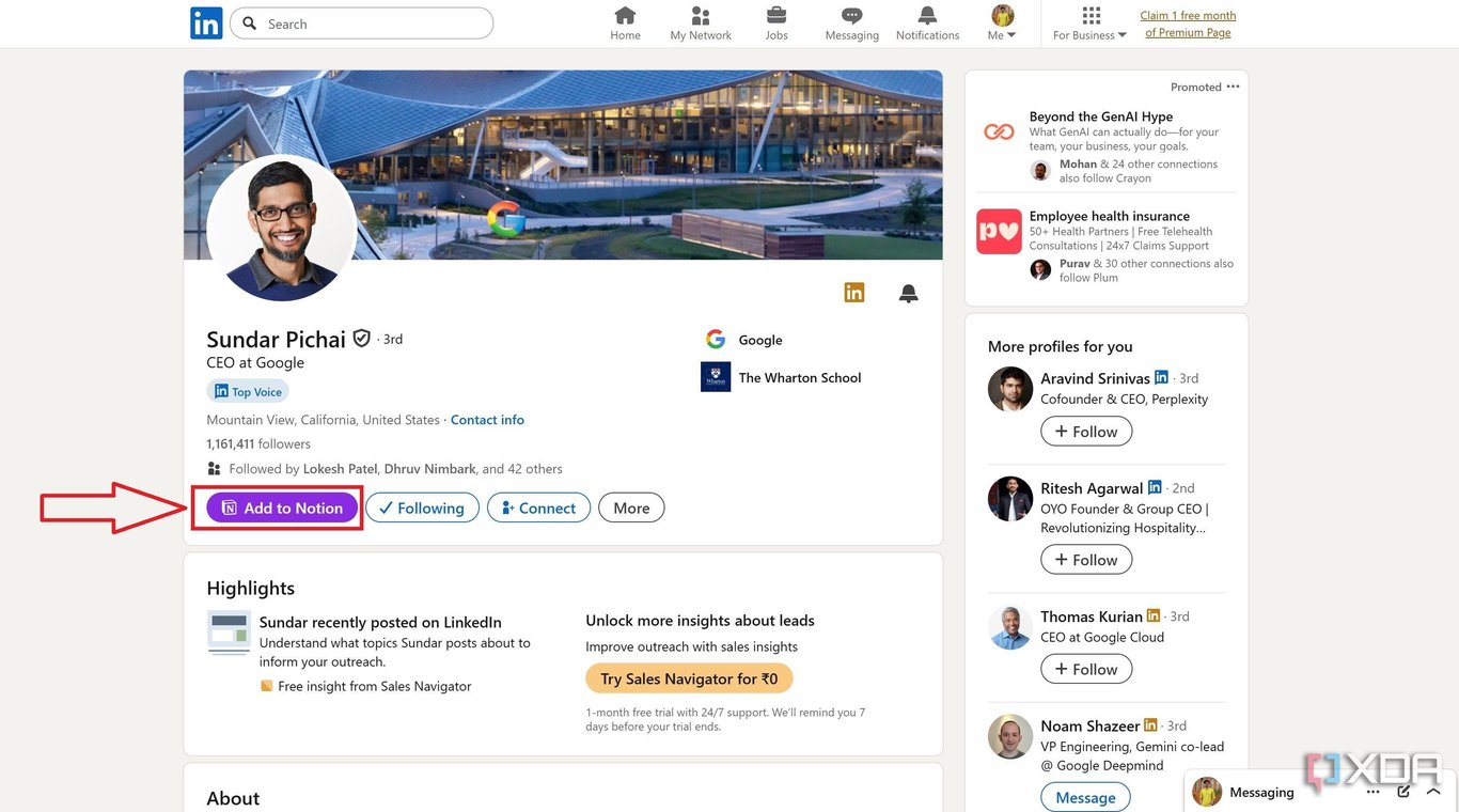 People to Notion button on LinkedIn profile