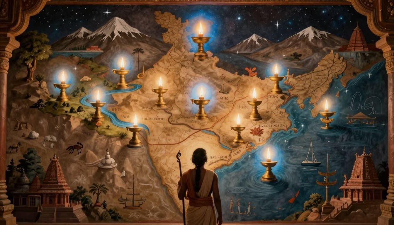 Landscape in ancient Hindu art style showing a stylized map of the 12 Jyotirlingas across India with glowing lingas, sacred rivers, Himalayas, and a foreground pilgrim under starry sky.