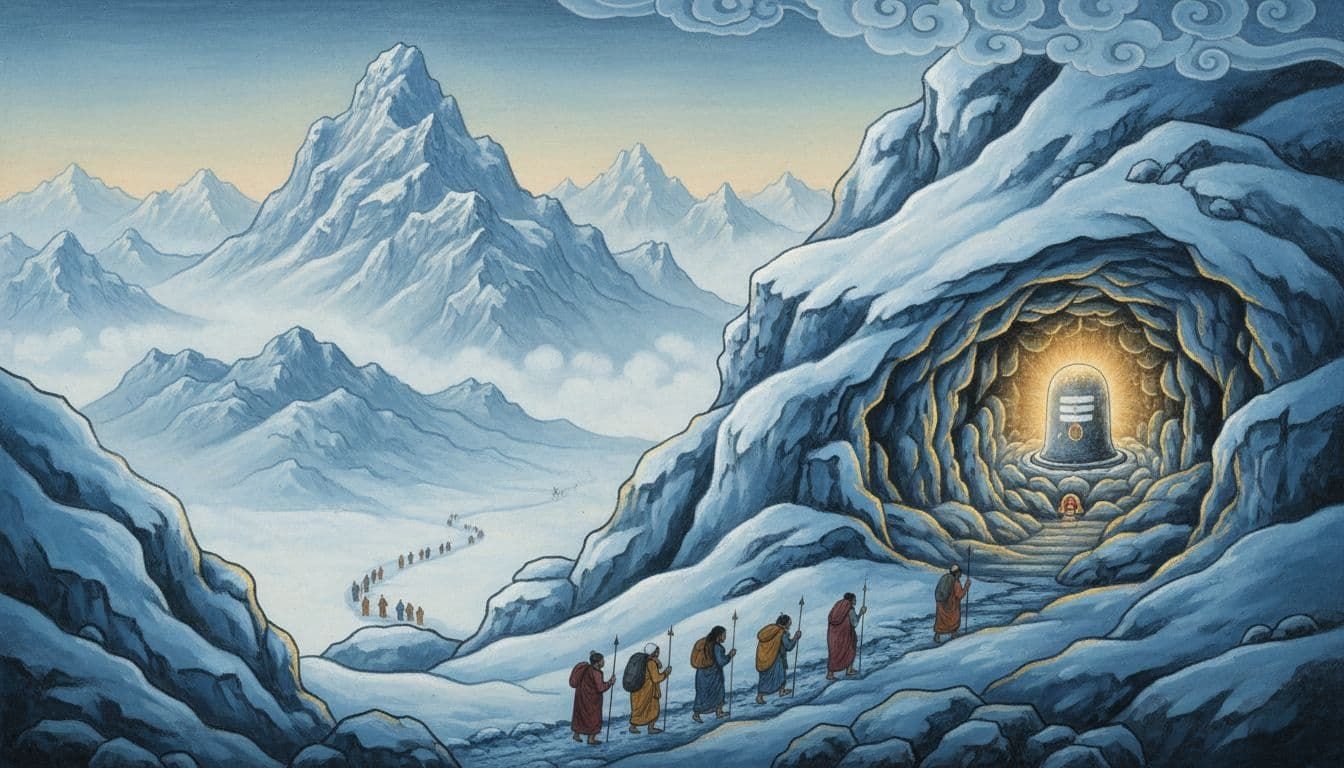 In ancient Hindu art style, the sacred Amarnath cave shrine in snowy Himalayan mountains features a glowing natural ice Shiva lingam at the entrance, with distant pilgrims trekking devotionally amid misty peaks.