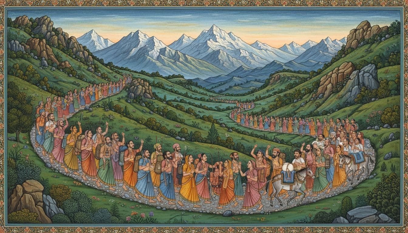 Ancient Hindu art painting style depicting pilgrims trekking the winding Pahalgam route to Amarnath Yatra, through green valleys to rocky high-altitude terrain with ponies, backpacks, and joyful faces under clear skies with distant snow peaks.