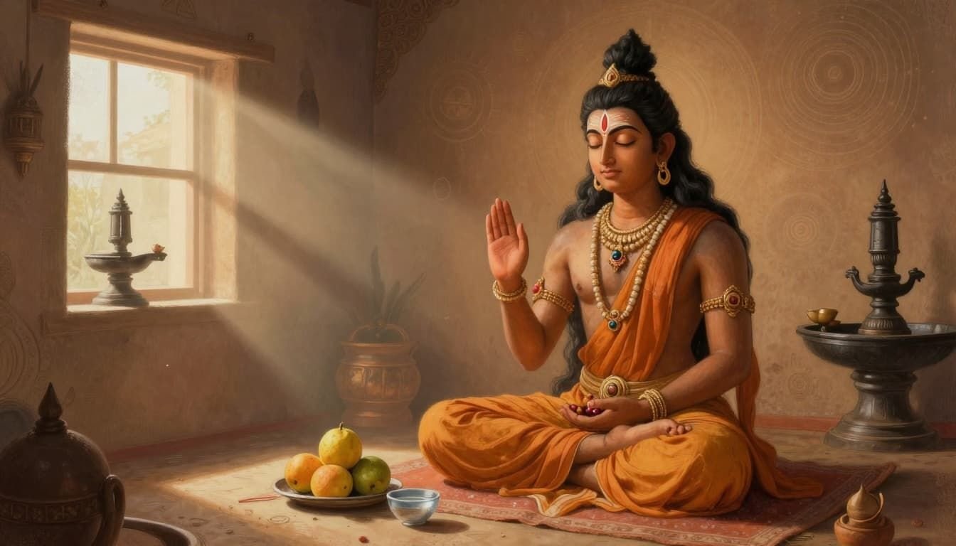 Ancient Hindu art style landscape of a devotee peacefully fasting on Mahashivratri, sitting cross-legged with fruits and water, in a simple room with Shiva lingam under soft morning light.
