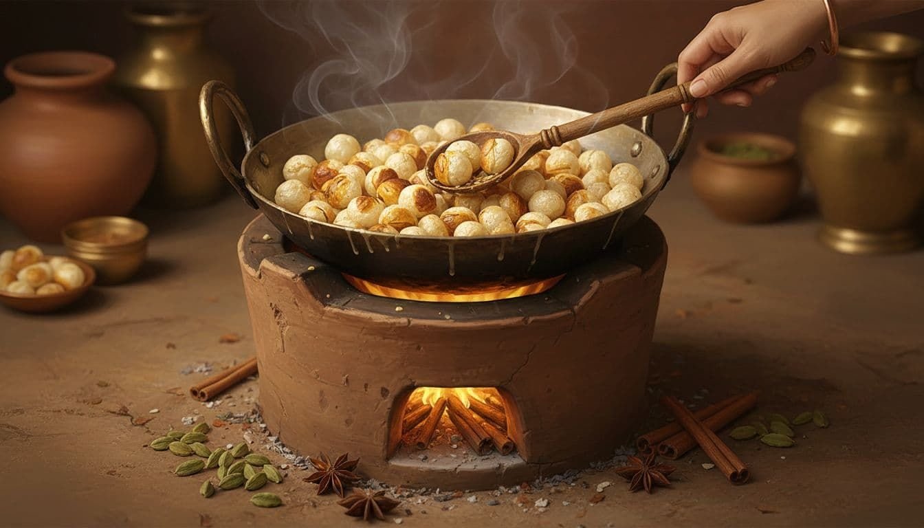 Landscape painting in ancient Hindu art style depicting a close-up of fox nuts (makhana) roasting in a ghee-smeared kadai over a low flame, with steam rising, wooden spoon stirring, and spices scattered around a clay stove.