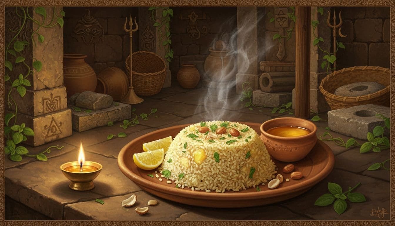 A serene landscape painting in ancient Hindu art style featuring a steaming bowl of sama rice khichdi garnished with lemon, coriander, and peanuts on a clay plate next to ghee, illuminated by an oil lamp in a peaceful kitchen with Shiva motifs.