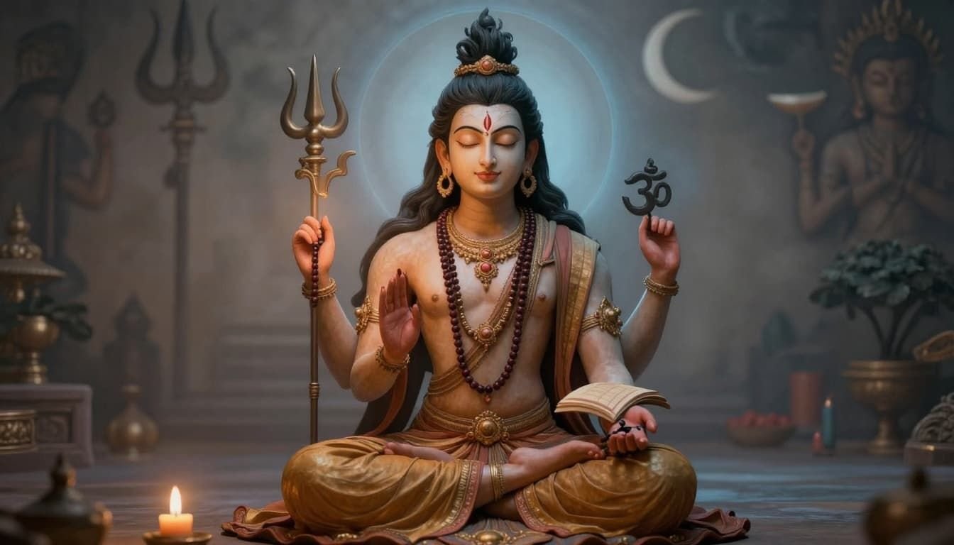 Ancient Hindu art style depiction of a lone figure chanting Om Namah Shivaya mantra softly, eyes closed in devotion, seated cross-legged with rudraksha beads, faint blue aura, subtle Shiva motifs, warm candlelight, tranquil mood.