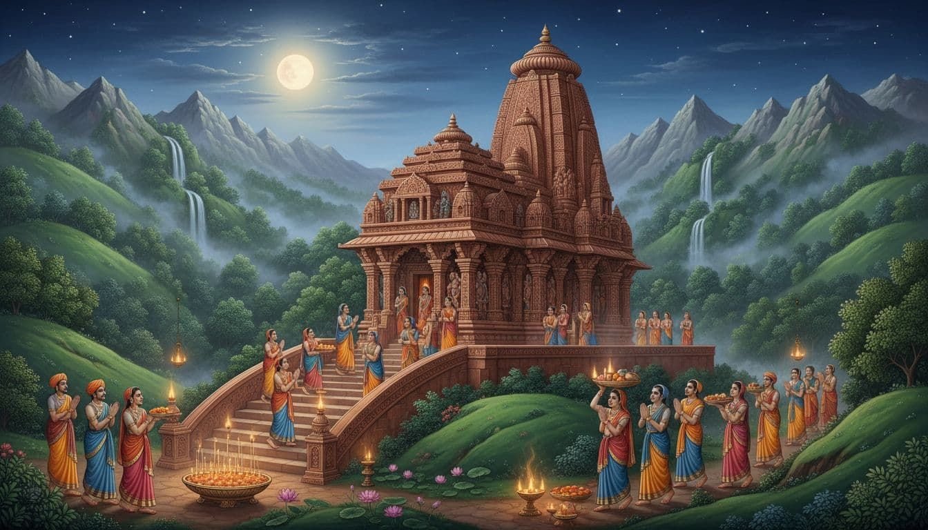 A majestic ancient Hindu temple nestled in lush green hills surrounded by misty forests, devotees climbing stone steps under a starry night sky with a full moon, pilgrims carrying offerings in a serene spiritual atmosphere.