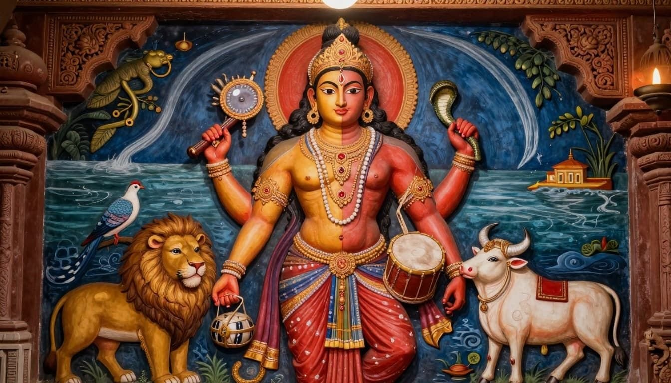 Detailed ancient Hindu painting of Ardhanarishvara iconography in a temple wall relief style. Focus on the split form: Shiva's right half muscular and ascetic with rudraksha beads, damaru drum, snake around neck; Parvati's left half curvaceous with bangles, anklets, veena or mirror, parrot nearby. The waist shows the dividing line with yoni-linga hint subtly. Surrounding elements include Nandi bull on right, lion on left, Ganga river flowing from hair. Soft lighting from temple lamps, intricate patterns on clothing and background carvings. Vibrant reds, blues, golds in traditional Rajasthani or Kangra miniature painting style. Mystical atmosphere with subtle divine glow. No text or watermarks.