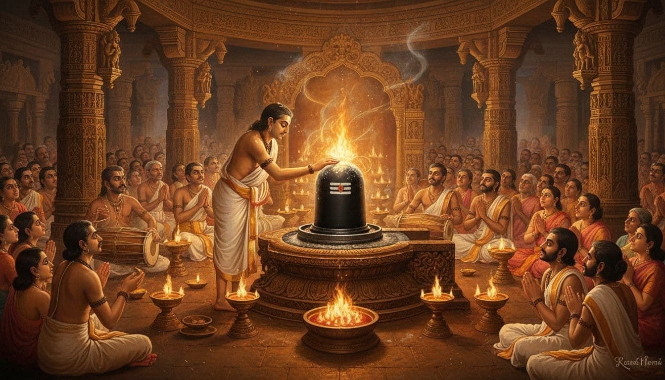 Bhasma Aarti ritual scene in a South Indian painting style
