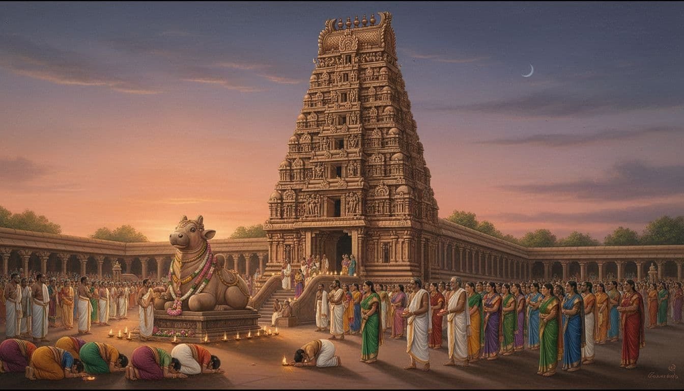 The iconic Brihadeeswarar Temple in Thanjavur is depicted at dusk during Mahashivratri in ancient South Indian Hindu paintings style, featuring a massive vimana tower, huge Nandi statue, crowds of pilgrims in colorful attire, lamps and flowers, with intricate Chola stone sculptures and golden evening light.