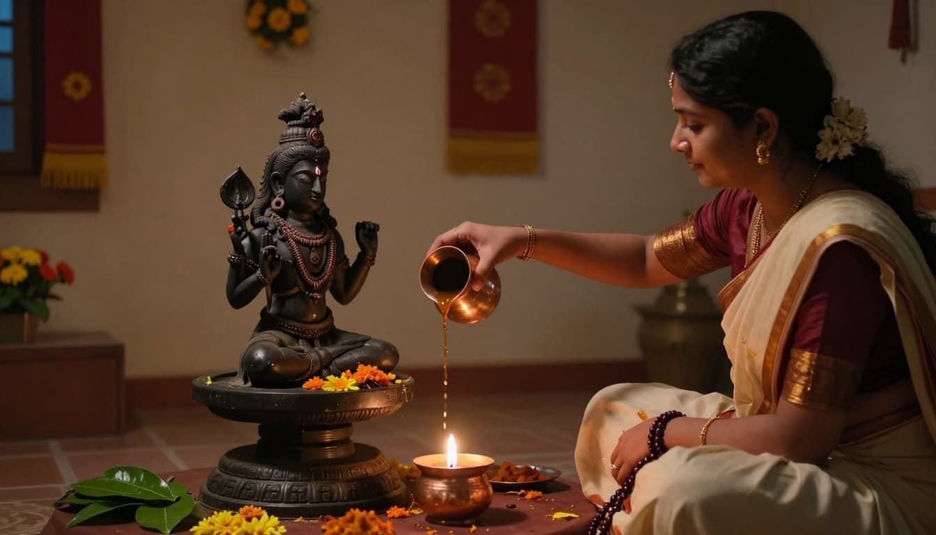 Landscape in ancient Chola art style depicting a family member pouring Panchamrit over a Shivling during a simple home abhishekam ritual for Mahashivratri, with bilva leaves, prayer beads, dim lamp glow, and a calm devotional atmosphere.