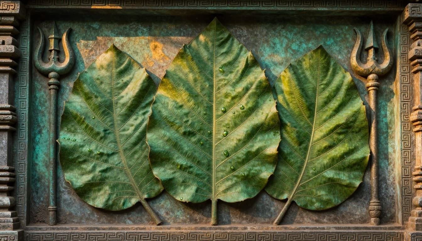 Ancient Chola style relief sculpture depicting three-lobed bilva patra leaves arranged around a Shiva lingam, with dew drops, symbolic trident, fine veins, geometric temple borders, and soft dawn light in mystical green and gold hues, symbolizing purity and devotion.