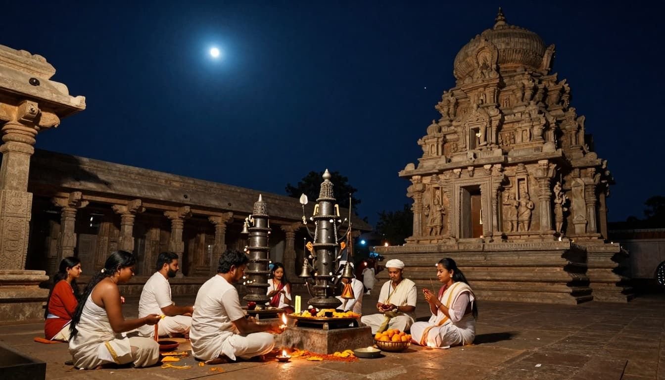 Landscape image in ancient Chola art style of a nighttime Mahashivratri vigil, featuring a quiet temple courtyard under a starry sky with multiple Shivlings receiving abhishekam, devotees in white offering Panchamrit and chanting softly.